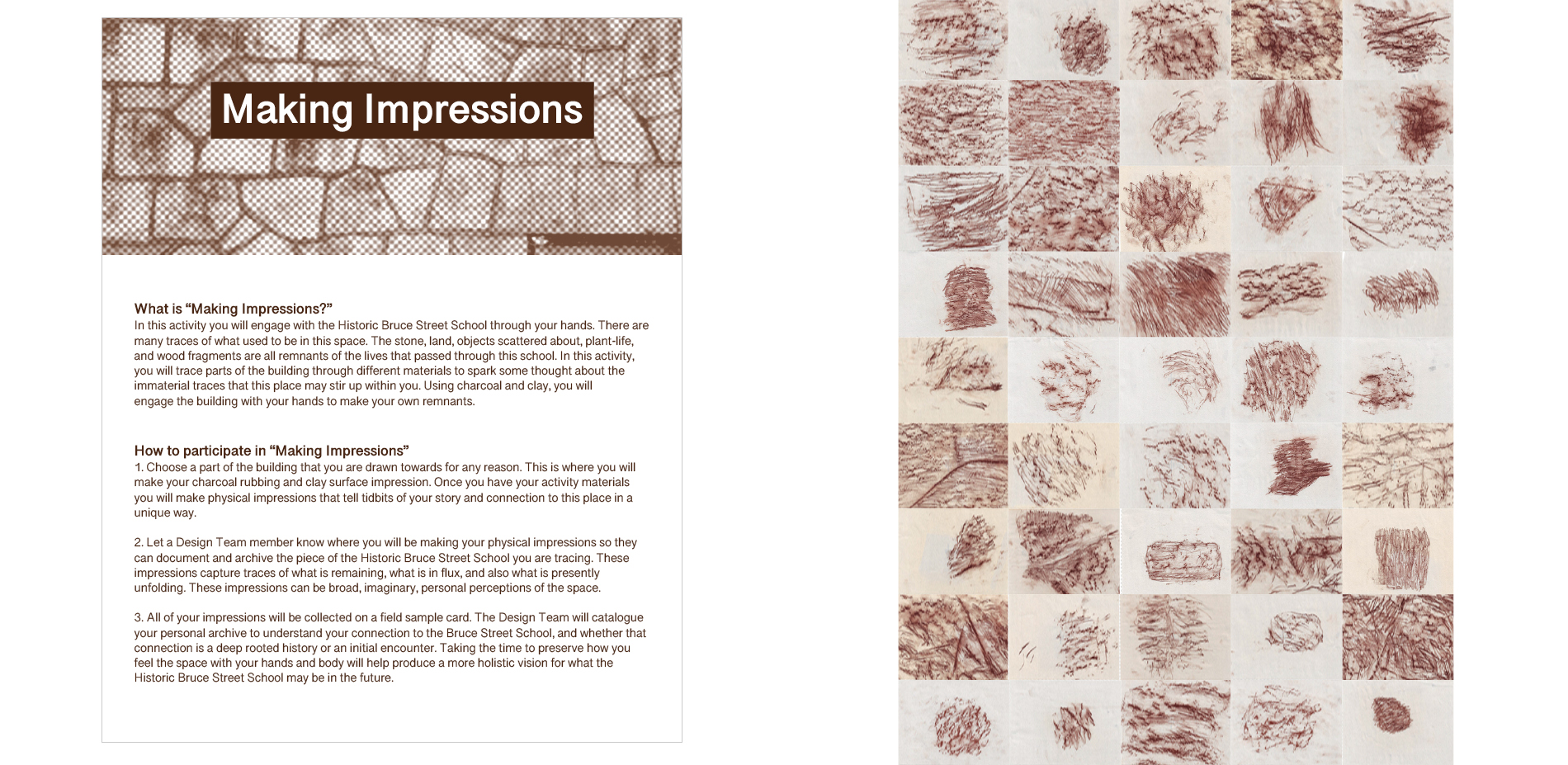 Collage of "Making Impressions" Instruction Board with Composite Charcoal Rubbings