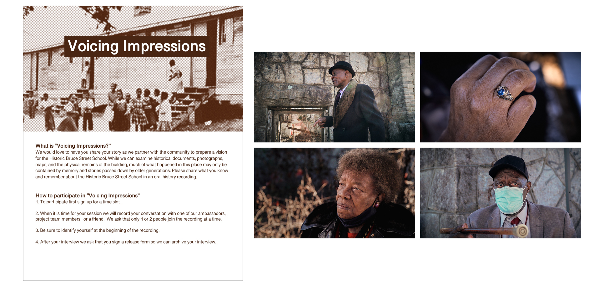 Collage of "Voicing Impressions" instruction board and oral histories stills
