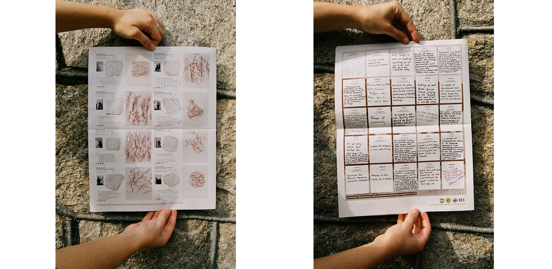 Printed workbooks with documented reflections from "Making Impressions" and "Leaving Impressions"
