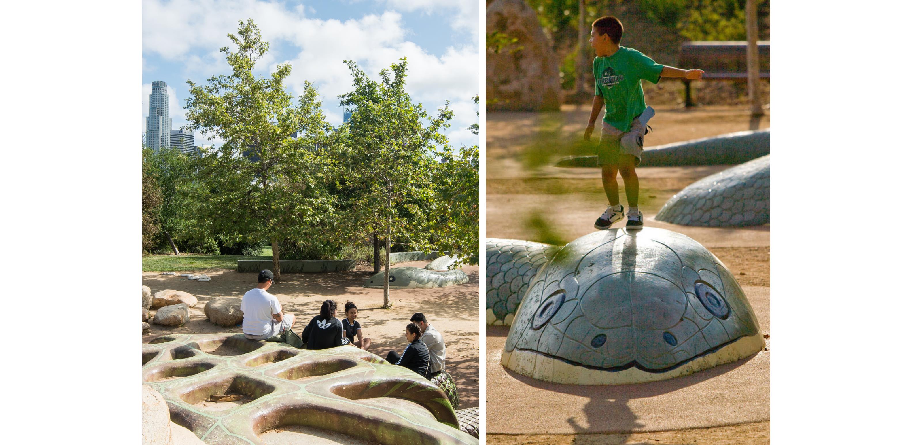 The children’s adventure area incorporates custom-designed play sculptures.